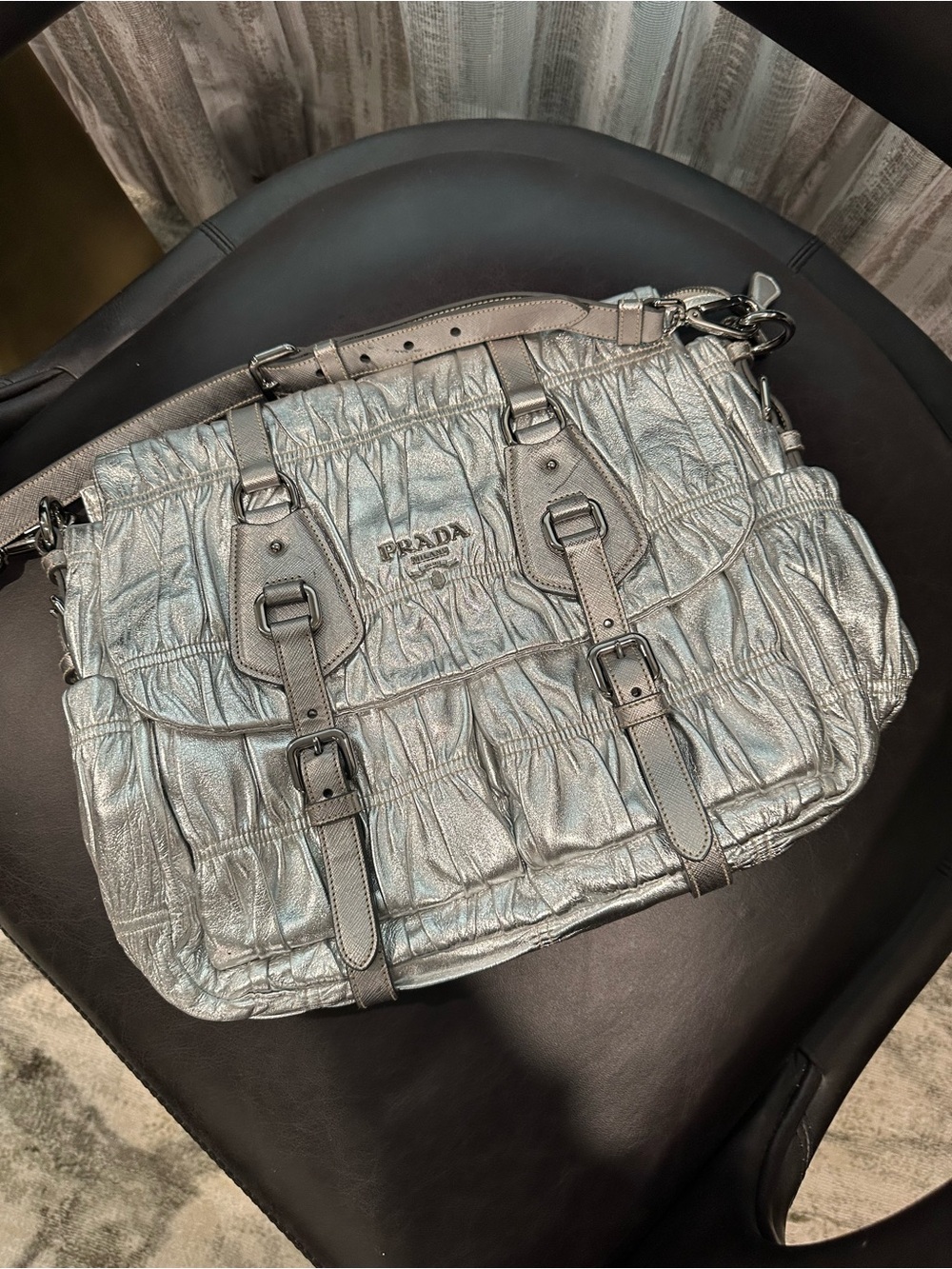 Prada Metallic Silver Gaufre Leather Messenger Bag for Men